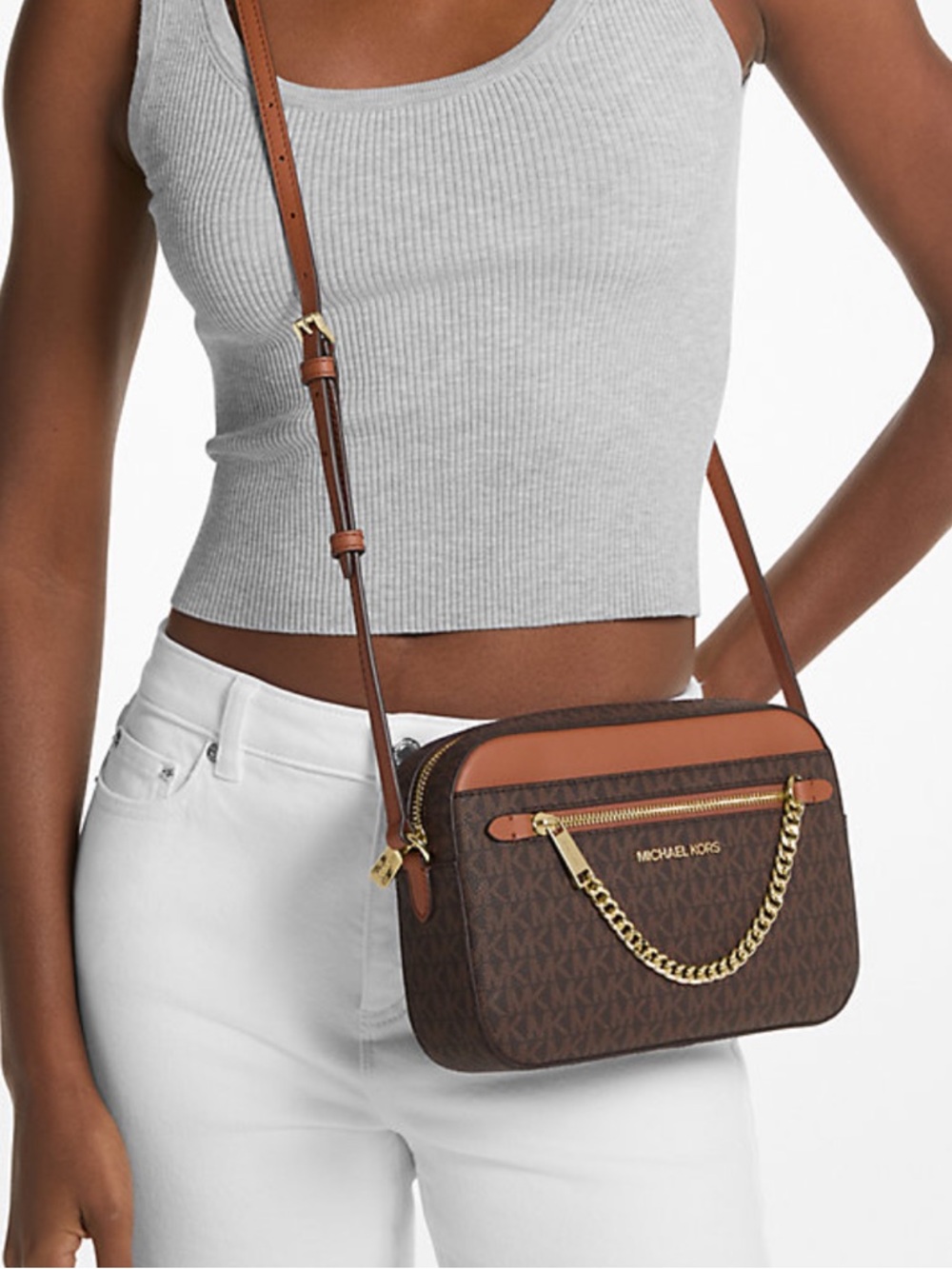 Michael Kors Brown/Tan Gold Tone Hardware Jet Set Large Logo Crossbody Bag - Picture 11 of 12